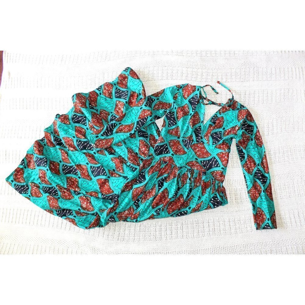 Handmade African multicolor Prairie Maxi dress M Tall Long sleeve zip up Tribal - Picture 10 of 13